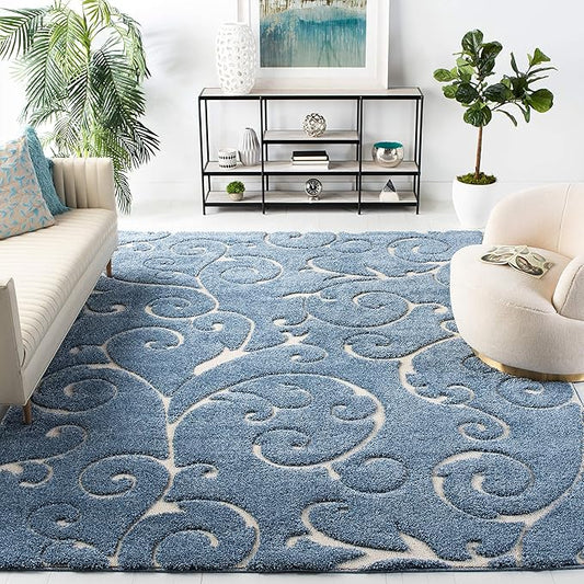 SAFAVIEH Florida Shag Collection Area Rug - 9'6" x 13', Light Blue & Cream, Scroll Design, Non-Shedding & Easy Care, 1.2-inch Thick Ideal for High Traffic Areas in Living Room, Bedroom (SG455-6011)