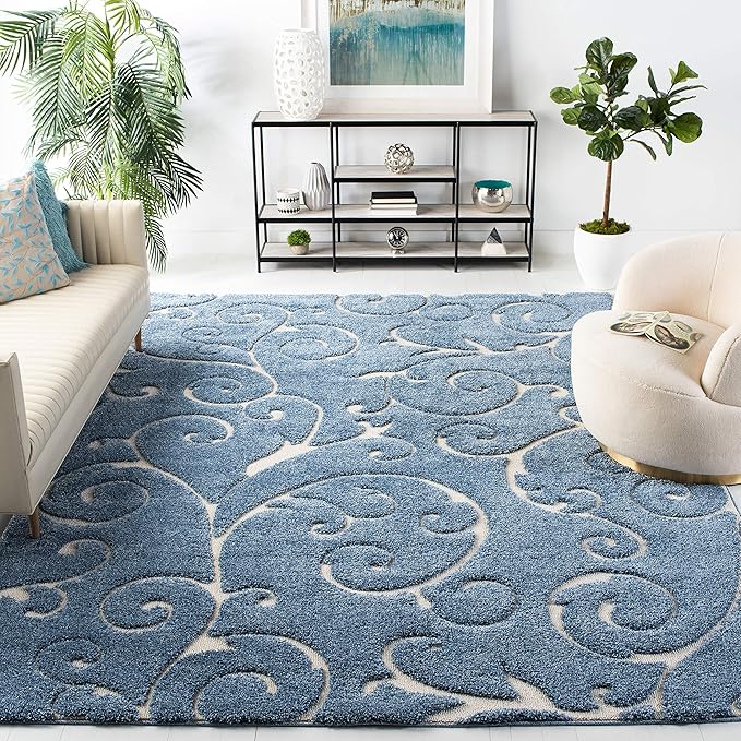 SAFAVIEH Florida Shag Collection Area Rug - 8'6" x 12', Light Blue & Cream, Scroll Design, Non-Shedding & Easy Care, 1.2-inch Thick Ideal for High Traffic Areas in Living Room, Bedroom (SG455-6011)