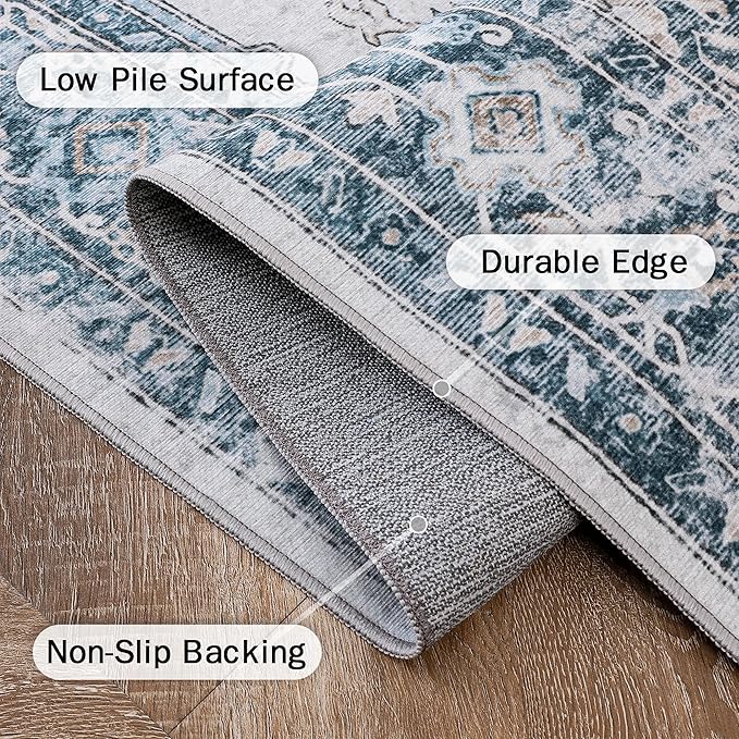 GENIMO 5x8 Area Rugs for Living Room, Machine Washable Low Pile Rugs, Chenille Non Alip Vintage Rug for Bedroom, Dining Room, Home Office, Blue