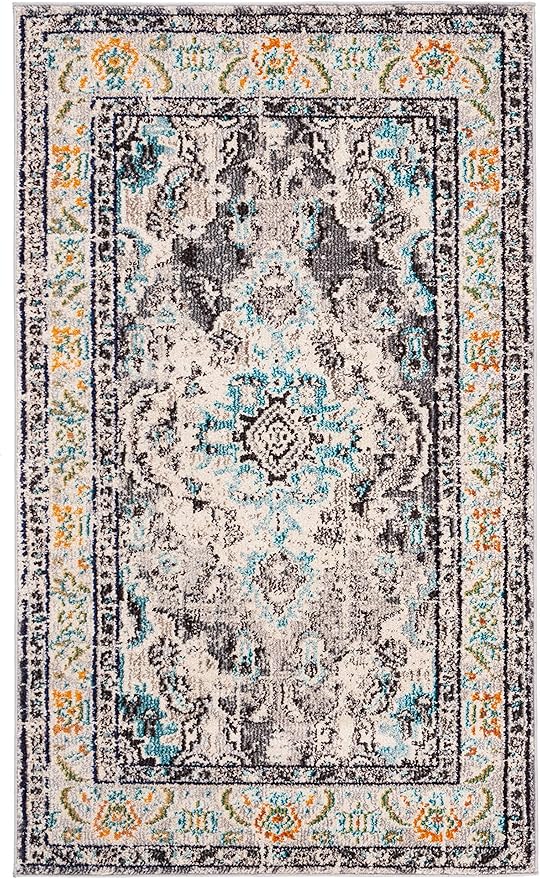 SAFAVIEH Monaco Collection Accent Rug - 3' x 5', Grey & Light Blue, Medallion Distressed Design, Non-Shedding & Easy Care, Ideal for High Traffic Areas in Entryway, Living Room, Bedroom (MNC243G)