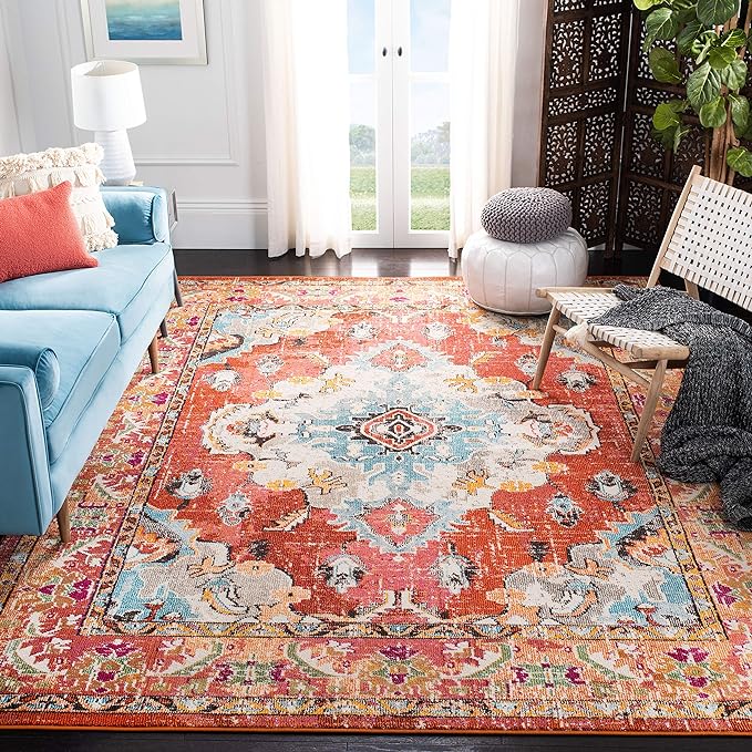 SAFAVIEH Monaco Collection Area Rug - 10' x 14', Orange & Light Blue, Boho Chic Medallion Distressed Design, Non-Shedding & Easy Care, Ideal for High Traffic Areas in Living Room, Bedroom (MNC243H)