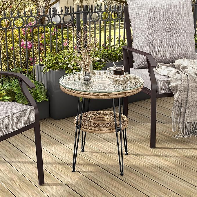 Muse & Lounge Co. Ysar Boho 19-inch Round Coffee Table Outdoor with Tempered Glass Top and Metal Frame, Handcrafted Coastal Furniture for Patio, Poolside, Garden, Yard, Natural