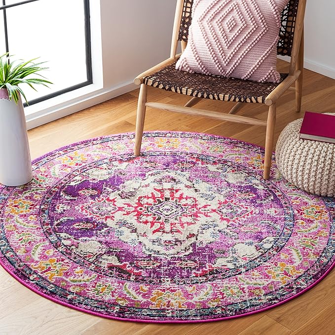 SAFAVIEH Monaco Collection Area Rug - 5' Round, Violet & Fuchsia, Boho Chic Medallion Distressed Design, Non-Shedding & Easy Care, Ideal for High Traffic Areas in Living Room, Bedroom (MNC243P)