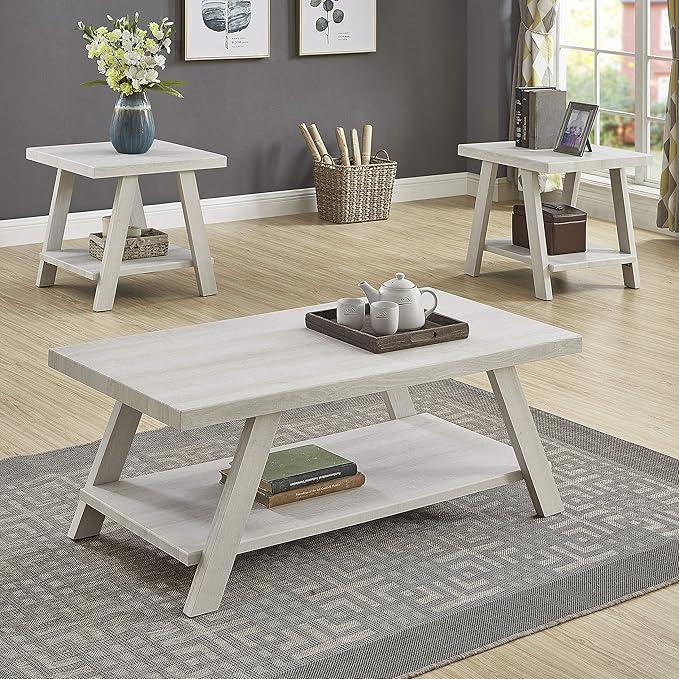 Roundhill Furniture Athens Contemporary 3-Piece Wood Shelf Coffee Table Set, White