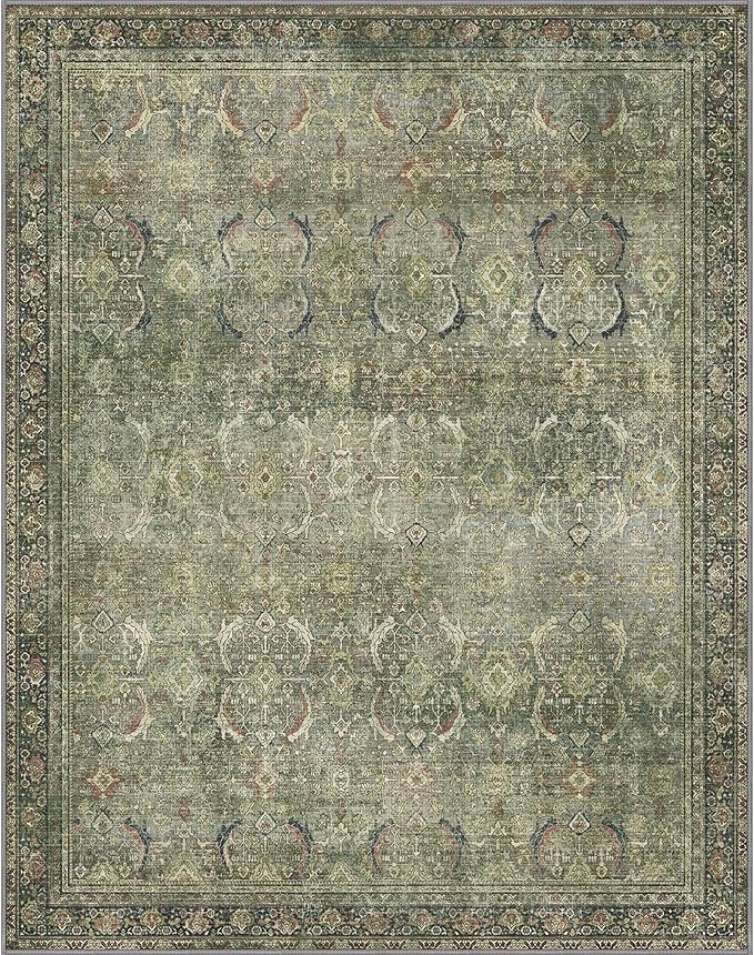 9X12 Area Rugs Machine Washable Rugs for Living Room, Vintage Boho Large Rugs for Bedroom Dining Room, Non Slip Indoor Soft Distressed Lightweight Thin Low Pile Carpet, Green