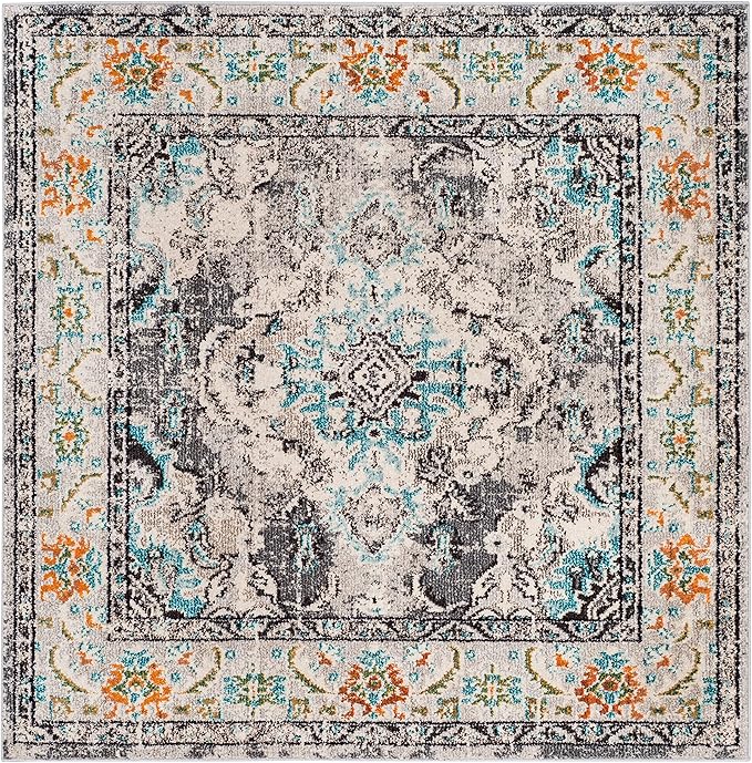 SAFAVIEH Monaco Collection Area Rug - 5' Square, Grey & Light Blue, Boho Chic Medallion Distressed Design, Non-Shedding & Easy Care, Ideal for High Traffic Areas in Living Room, Bedroom (MNC243G)