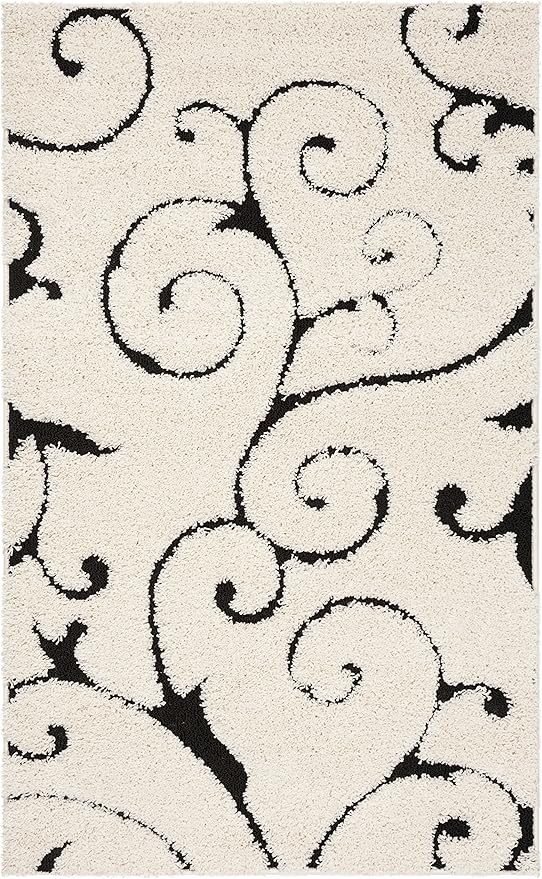 SAFAVIEH Florida Shag Collection Accent Rug - 4' x 6', Ivory & Black, Scroll Design, Non-Shedding & Easy Care, 1.2-inch Thick Ideal for High Traffic Areas in Foyer, Living Room, Bedroom (SG455-1290)