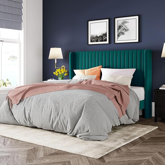 Allewie Full Size Bed Frame/Velvet Upholstered Platform Bed/Vertical Channel Tufted Wingback Headboard/Strong Wooden Slats/No Box Spring Needed/Easy Assembly/Teal