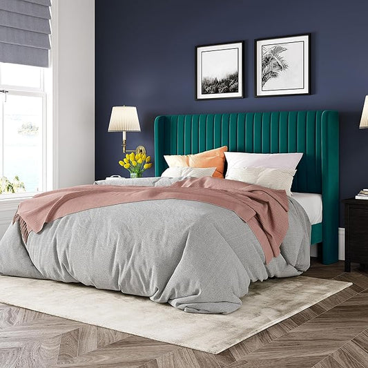 Allewie Full Size Bed Frame/Velvet Upholstered Platform Bed/Vertical Channel Tufted Wingback Headboard/Strong Wooden Slats/No Box Spring Needed/Easy Assembly/Teal