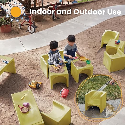ECR4Kids Tri-Me Table and Cube Chair Set, Multipurpose Furniture, Fern Green, 3-Piece