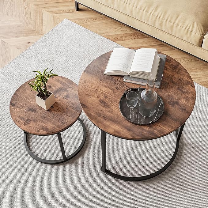 Round Coffee Table Set of 2 for Living Room,Black Small Coffee Table Living Room Table,Nesting Tables Metal Frame/Wood,Sturdy/Easy Assembly,Stacking Side Tables Bedroom,Rustic Brown