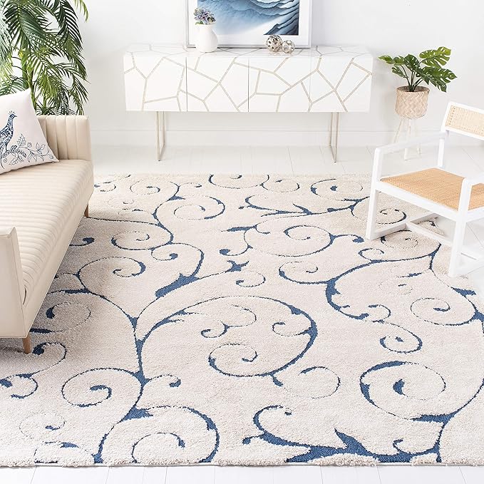 SAFAVIEH Florida Shag Collection Area Rug - 8'6" x 12', Cream & Blue, Scroll Design, Non-Shedding & Easy Care, 1.2-inch Thick Ideal for High Traffic Areas in Living Room, Bedroom (SG455-1165)