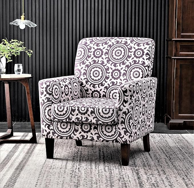 Container Furniture Direct Contemporary Accent Arm Chair with Birch Wood Frame and Velvet Upholstery, Armchair for Office and Living Room Decor, Removable Cushions, 02 Printed Fabric