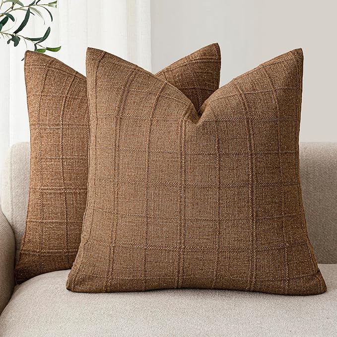 Foindtower Set of 2 Decorative Linen Check Throw Pillow Covers Neutral Farmhouse Vintage Cushion Covers Modern Boho Home Decor for Sofa Chair Couch Bedroom Living Room Outdoor,26×26 Inch,Brown Hazel