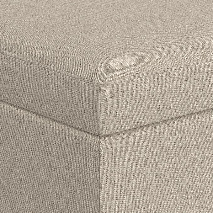 SIMPLIHOME Owen 34 inch Wide Mid Century Modern Rectangle Coffee Table Storage Ottoman in Natural Linen Look Fabric, Assembled, for the Living Room, Entryway and Family Room