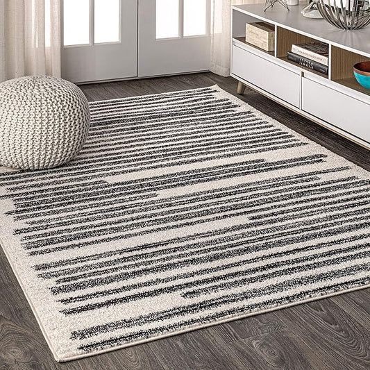 JONATHAN Y Khalil Modern Berber Stripe Cream/Black Indoor Area Rug, 3x5, Contemporary, Bohemian, Easy-Cleaning for Living Room, Bedroom, Kitchen, Pet Friendly, Non-Shedding (MOH207A-3)