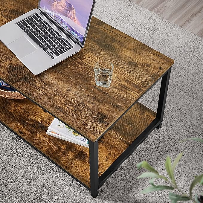 Yaheetech 2-Tier Coffee Table, Industrial Wood Coffee Table with Storage Shelf for Living Room, Rectangle Side End Table with Metal Frame, Rustic Brown