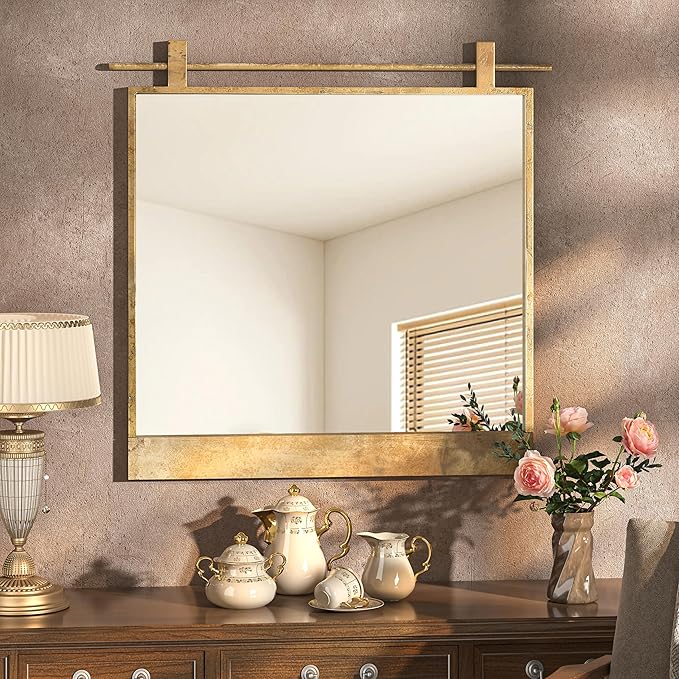 24x24 Inch Square Bathroom Vanity Mirror for Wall Mounted Over Sink Farmhouse Rustic Matte Brushed Gold Barn Door Mirrors Foyer Entryway Decor