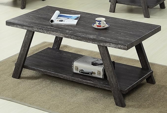 Roundhill Furniture Athens Contemporary 3-Piece Wood Shelf Coffee Table Set, Charcoal