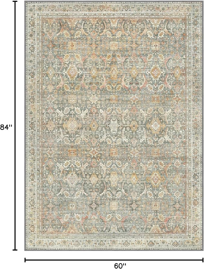5X7 Area Rugs Machine Washable Rugs for Living Room, Vintage Boho Large Rugs for Bedroom Dining Room, Non Slip Indoor Soft Distressed Lightweight Thin Low Pile Carpet, Turmeric