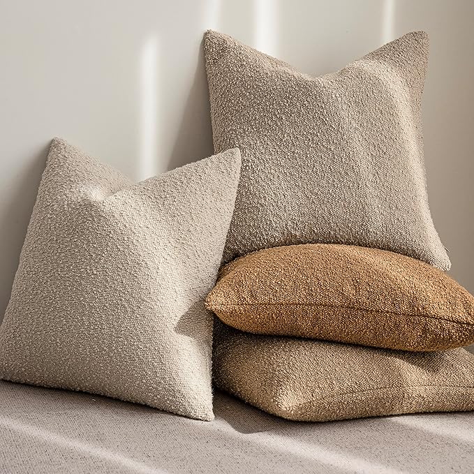 Foindtower Accent Solid Pillow Cases Textured Boucle Throw Pillow Covers Cozy Modern Decorative Couch Cushion Case for Chair Sofa Bed Living Room Home Decor, Pack of 2, 18 x 18 Inch,Tobacco