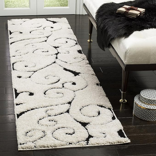 SAFAVIEH Florida Shag Collection Runner Rug - 2'3" x 13', Ivory & Black, Scroll Design, Non-Shedding & Easy Care, 1.2-inch Thick Ideal for High Traffic Areas in Living Room, Bedroom (SG455-1290)