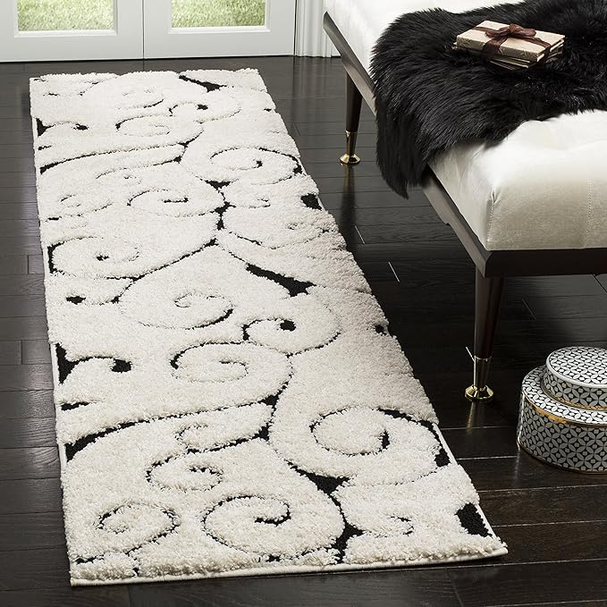 SAFAVIEH Florida Shag Collection Runner Rug - 2'3" x 19', Ivory & Black, Scroll Design, Non-Shedding & Easy Care, 1.2-inch Thick Ideal for High Traffic Areas in Living Room, Bedroom (SG455-1290)