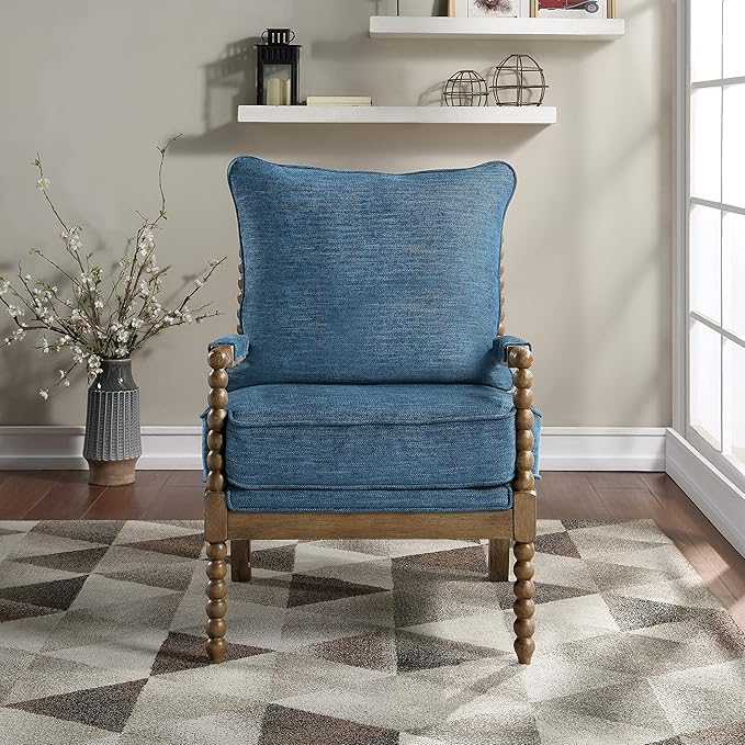 OSP Home Furnishings Fletcher Spindle Accent Chair with Rustic Brown Finish, Navy Blue Upholstery