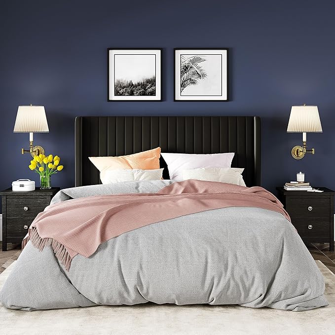 Allewie Full Size Velvet Bed Frame/Vertical Channel Tufted Wingback Headboard/Upholstered Platform Bed/Strong Wooden Slats/No Box Spring Needed/Easy Assembly/Black