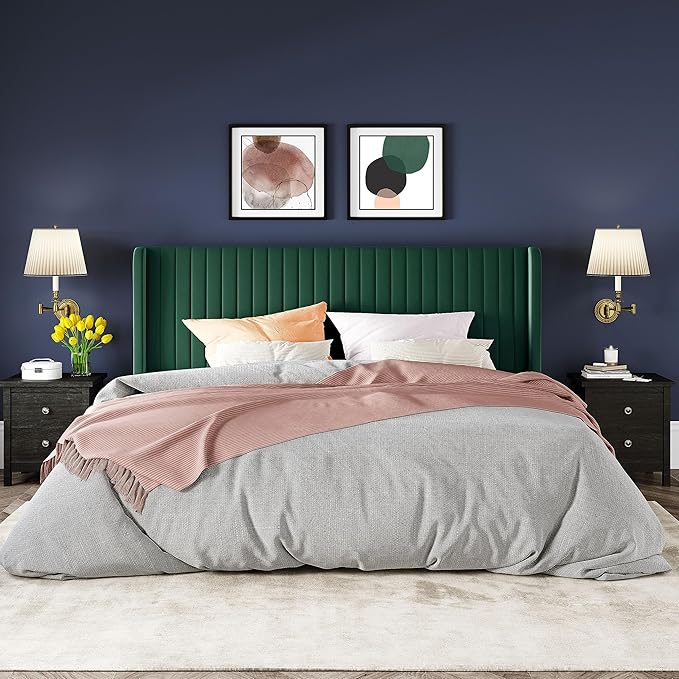 Allewie King Size Bed Frame/Velvet Upholstered Platform Bed/Vertical Channel Tufted Wingback Headboard/Strong Wooden Slats/No Box Spring Needed/Easy Assembly/Green