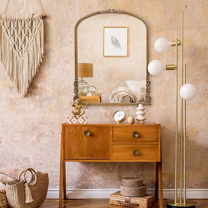 English Estate Carved Arch Wood Wall Mirror, Mirror for Entryway, Living Room, Bathroom, Antique Gold, 28.4x35