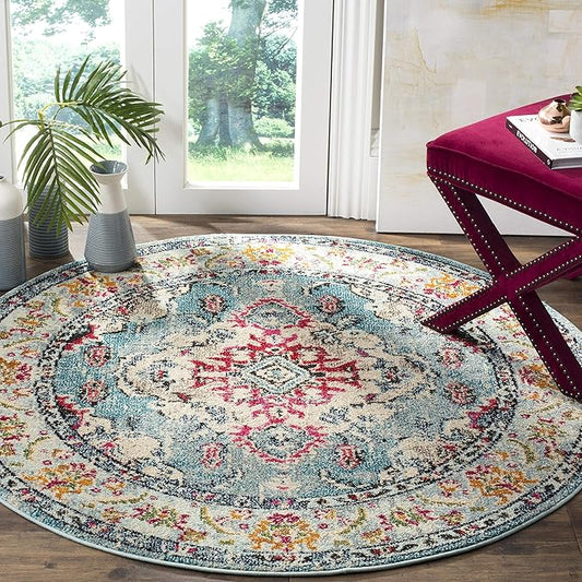 SAFAVIEH Monaco Collection Area Rug - 5' Round, Light Blue & Fuchsia, Boho Chic Medallion Distressed Design, Non-Shedding & Easy Care, Ideal for High Traffic Areas in Living Room, Bedroom (MNC243J)