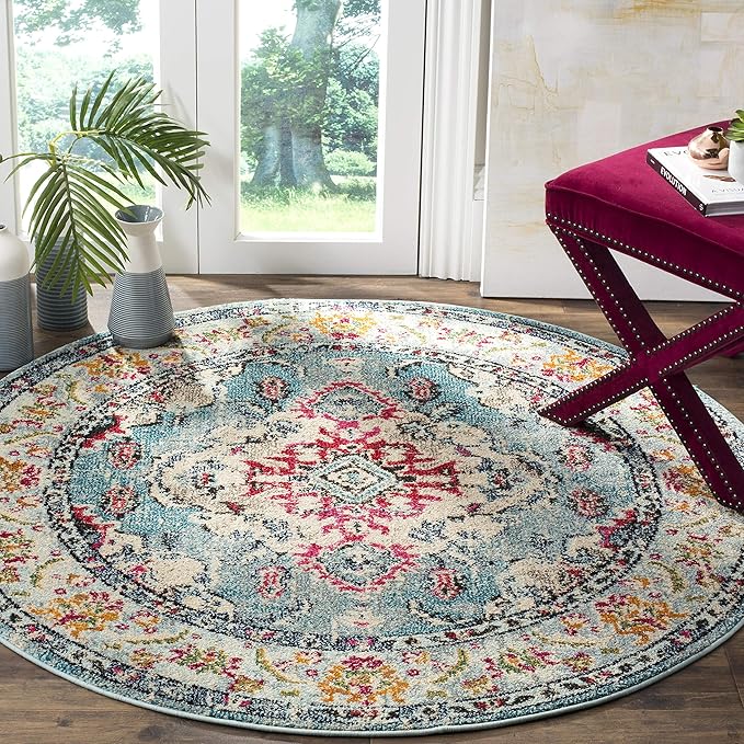 SAFAVIEH Monaco Collection Area Rug - 3' Round, Light Blue & Fuchsia, Boho Chic Medallion Distressed Design, Non-Shedding & Easy Care, Ideal for High Traffic Areas in Living Room, Bedroom (MNC243J)