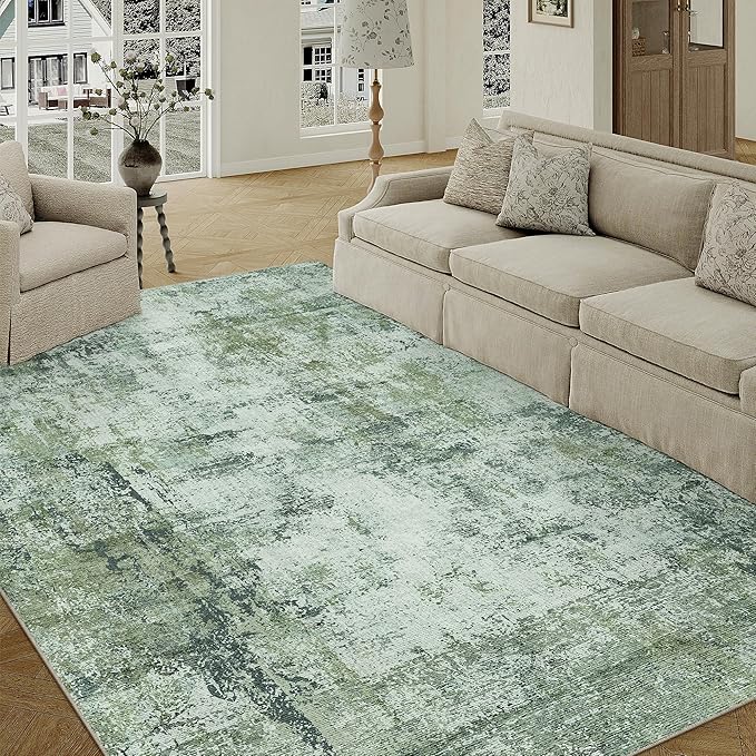 6x9 Washable Area Rug Dark Green Modern Neutral Abstract Living Room Bedroom Indoor Floor Carpet Low Pile Soft Non-Slip Lightweight Vacuumable Throw Rug for Nursery Dining Room Office