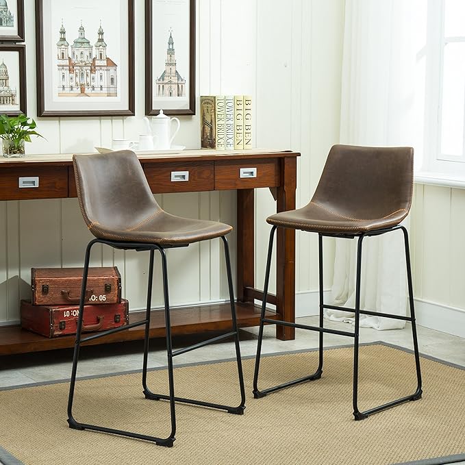 Roundhill Furniture Lotusville Vintage PU Leather Barstools, Antique Brown, Set of 2