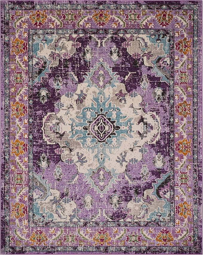 SAFAVIEH Monaco Collection Area Rug - 8' x 10', Violet & Light Blue, Boho Chic Medallion Distressed Design, Non-Shedding & Easy Care, Ideal for High Traffic Areas in Living Room, Bedroom (MNC243L)