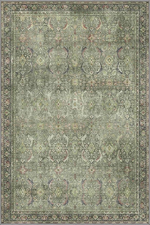 5X7 Area Rugs Machine Washable Rugs for Living Room, Vintage Boho Large Rugs for Bedroom Dining Room, Non Slip Indoor Soft Distressed Lightweight Thin Low Pile Carpet, Green