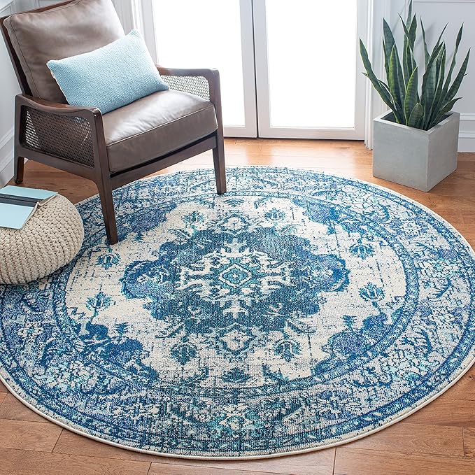 SAFAVIEH Monaco Collection 6'7" Round IvoryBlue MNC243A Boho Chic Medallion Distressed Non-Shedding Living Room Dining Bedroom Foyer Area Rug