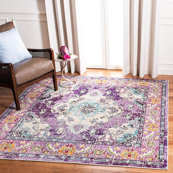 SAFAVIEH Monaco Collection Area Rug - 6'7" Square, Violet & Light Blue, Boho Chic Medallion Distressed Design, Non-Shedding & Easy Care, Ideal for High Traffic Areas in Living Room, Bedroom (MNC243L)