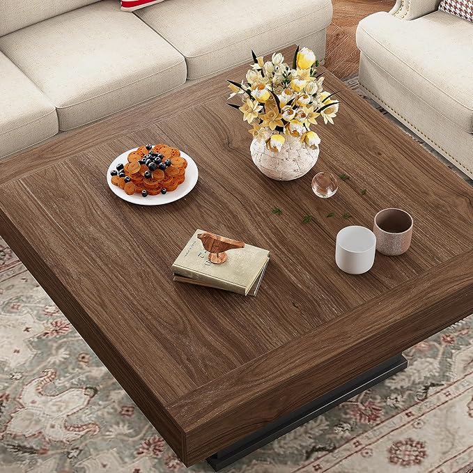 LED Coffee Tables for Living Room, Farmhouse Wood Coffee Table, 33.5" Square Coffee Table with Storage, Large Vintage Brown Center Table, Living Room Tables Cocktail Table (Vintage Brown)