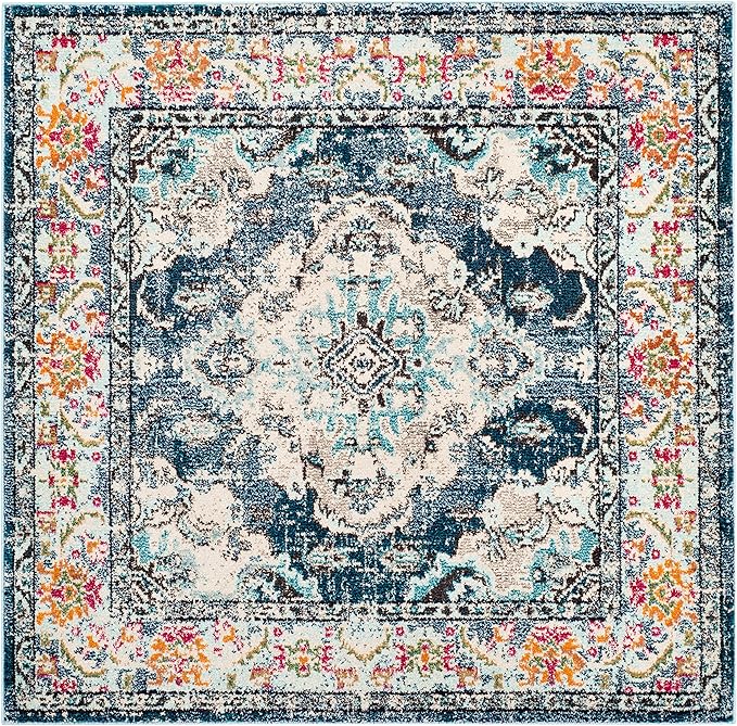SAFAVIEH Monaco Collection Area Rug - 5' Square, Navy & Light Blue, Boho Chic Medallion Distressed Design, Non-Shedding & Easy Care, Ideal for High Traffic Areas in Living Room, Bedroom (MNC243N)