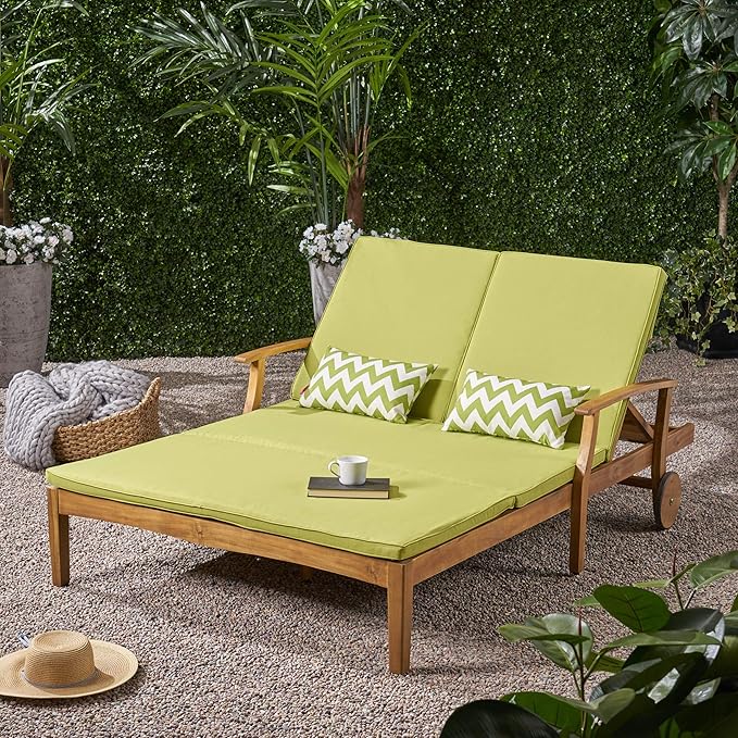 GDFStudio Samantha Double Chaise Lounge for Yard and Patio, Acacia Wood Frame, Teak Finish with Green Cushions, (307567)