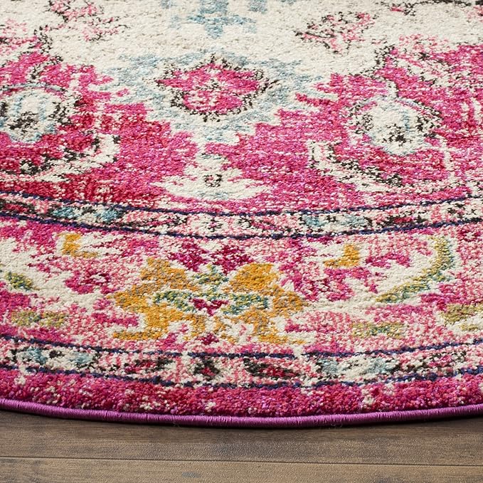 SAFAVIEH Monaco Collection Area Rug - 8'8" Round, Pink & Multi, Boho Chic Medallion Distressed Design, Non-Shedding & Easy Care, Ideal for High Traffic Areas in Living Room, Bedroom (MNC243D)