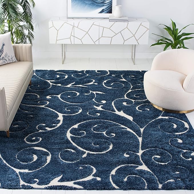 SAFAVIEH Florida Shag Collection Area Rug - 8'6" x 12', Dark Blue & Cream, Scroll Design, Non-Shedding & Easy Care, 1.2-inch Thick Ideal for High Traffic Areas in Living Room, Bedroom (SG455-6511)