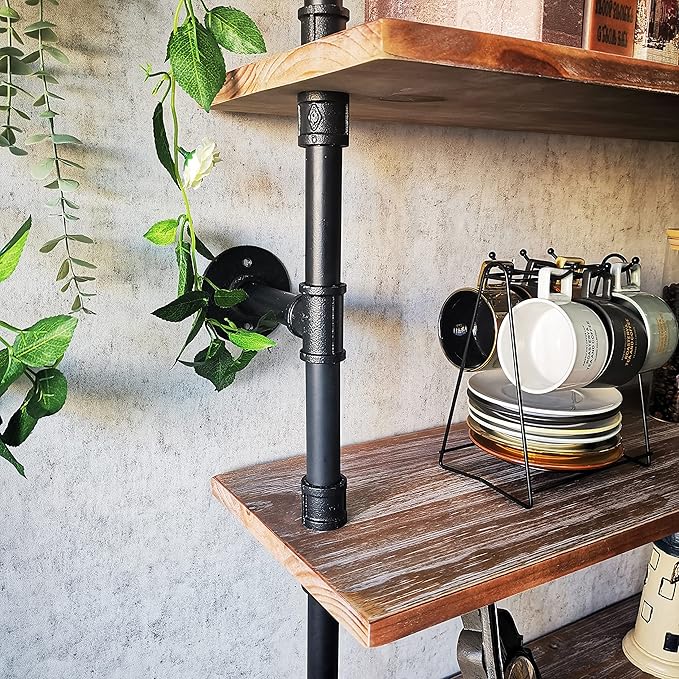 Industrial Ladder Pipe Shelf, Wall Mounted Wood Metal Bookshelf for Living Room Storage (Weathered Brown, 6 Tier - 10" D x 48" W x 82.5" H)