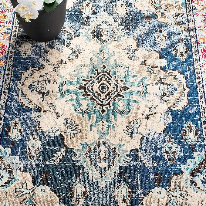 SAFAVIEH Monaco Collection Runner Rug - 2'2" x 16', Navy & Light Blue, Boho Chic Medallion Distressed Design, Non-Shedding & Easy Care, Ideal for High Traffic Areas in Living Room, Bedroom (MNC243N)