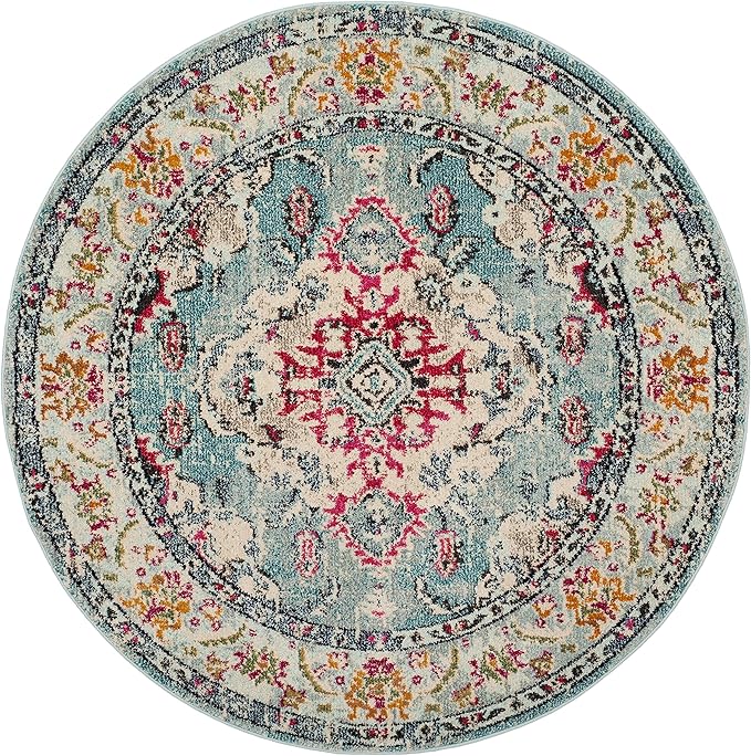 SAFAVIEH Monaco Collection Area Rug - 5' Round, Light Blue & Fuchsia, Boho Chic Medallion Distressed Design, Non-Shedding & Easy Care, Ideal for High Traffic Areas in Living Room, Bedroom (MNC243J)