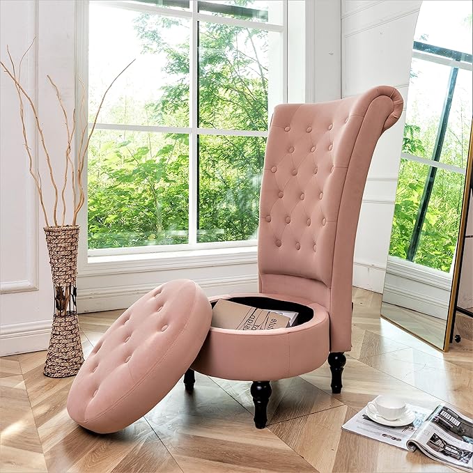 Container Furniture Direct Royal High-Back Velvet Accent Chair for Vanity with Storage and Luxurious Upholstery, Retro Design and Versatile Usage for Living Room, Bedroom, Lounge and Office, Rose