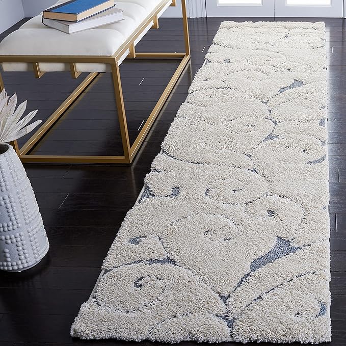 SAFAVIEH Florida Shag Collection Runner Rug - 2'3" x 9', Beige & Blue Grey, Scroll Design, Non-Shedding & Easy Care, 1.2-inch Thick Ideal for High Traffic Areas in Living Room, Bedroom (SG455-1155)