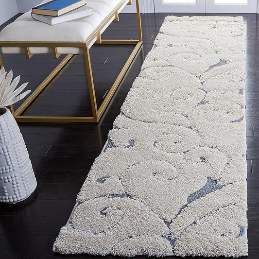 SAFAVIEH Florida Shag Collection Runner Rug - 2'3" x 9', Beige & Blue Grey, Scroll Design, Non-Shedding & Easy Care, 1.2-inch Thick Ideal for High Traffic Areas in Living Room, Bedroom (SG455-1155)
